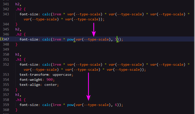 screenshot of CSS pow() rules for headings