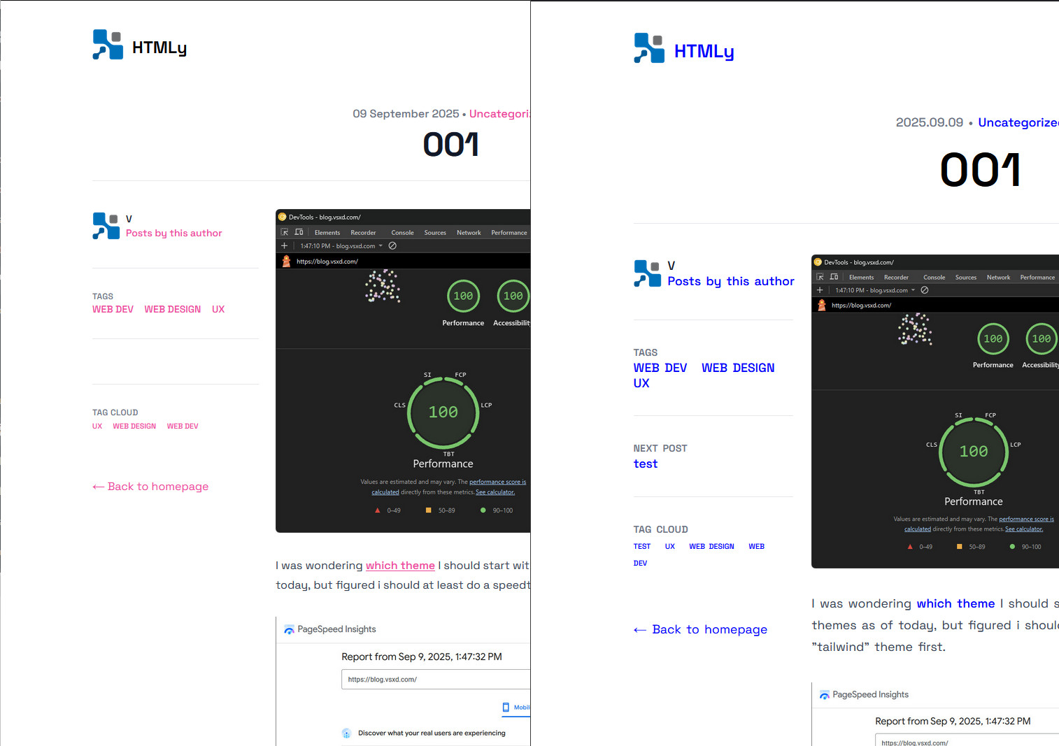 before/after screenshot of blog layout/design