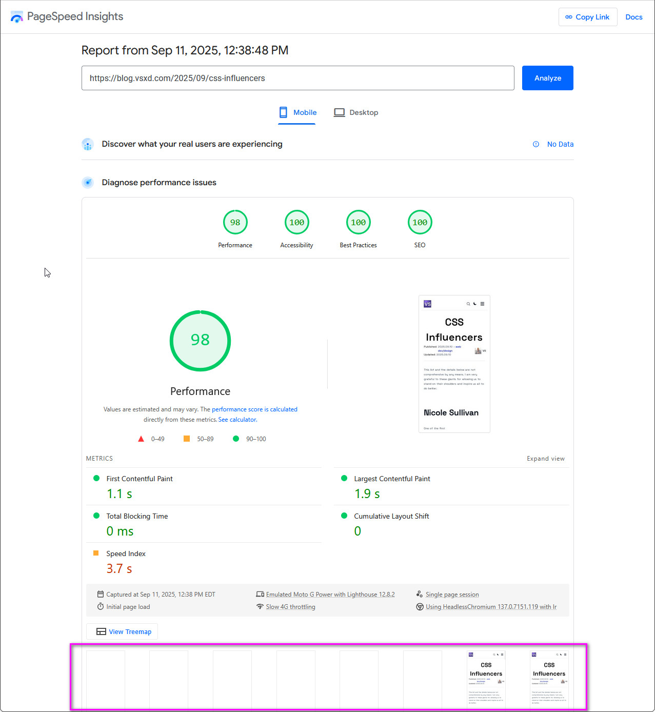 pagespeed showing 98, 100,100,100 scores