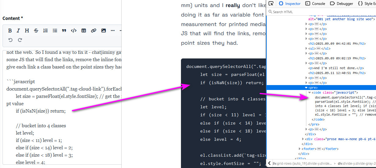screenshot of post editor, post content, and browser's element inspector