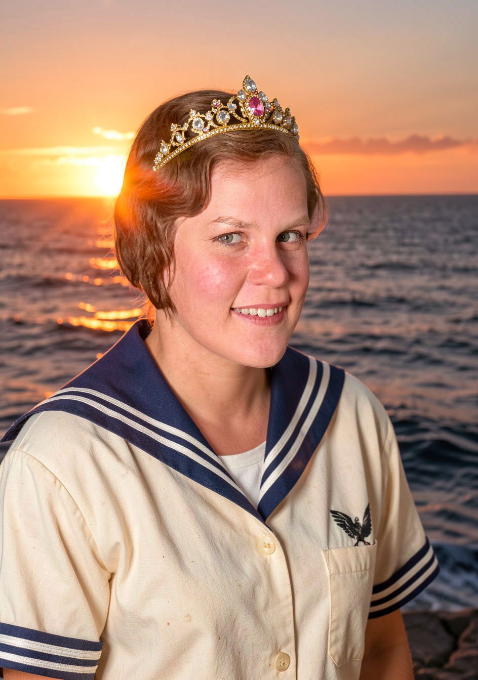 Flux 2 klein 9B image output, girl wearing sailor shirt, sunset background