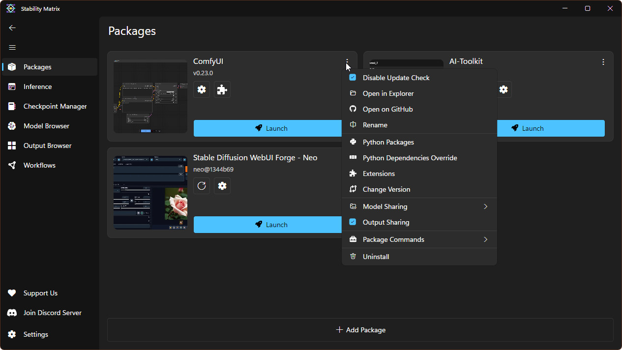 stability matrix package management screenshot