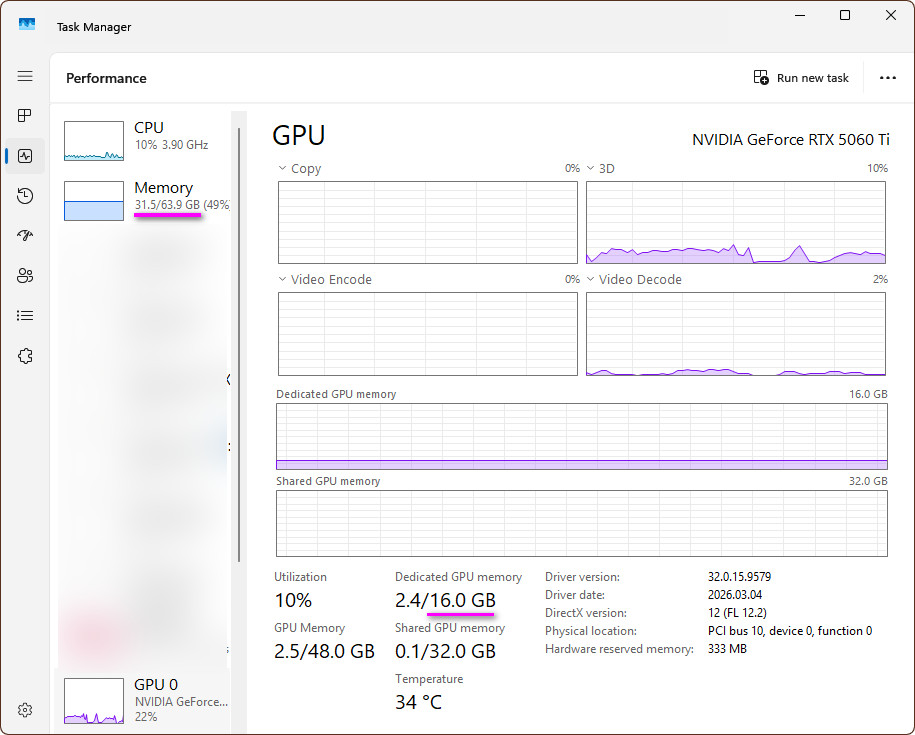 screenshot of windows task manager showing available RAM and VRAM